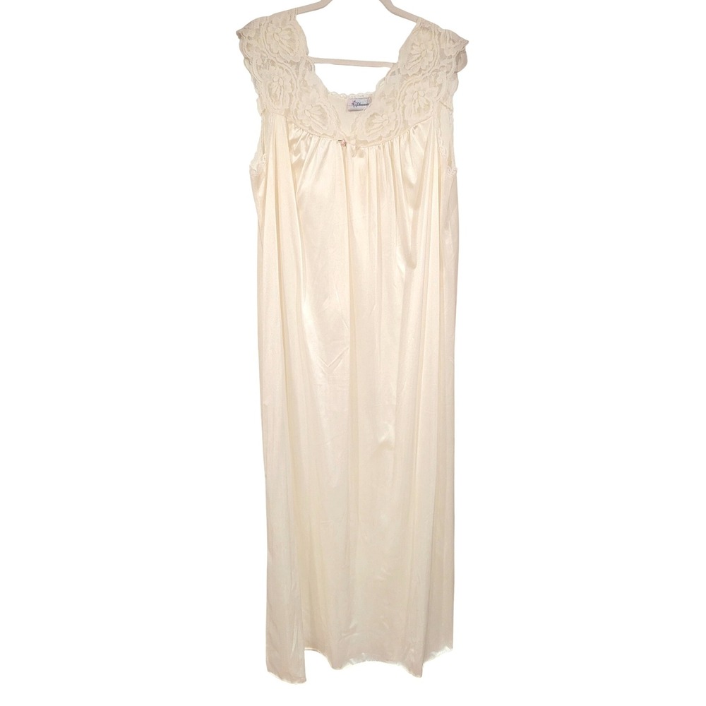 Womens Pleasures Ivory Lace Trim Satin Nightgown Long Sleep‎ Dress Lingerie